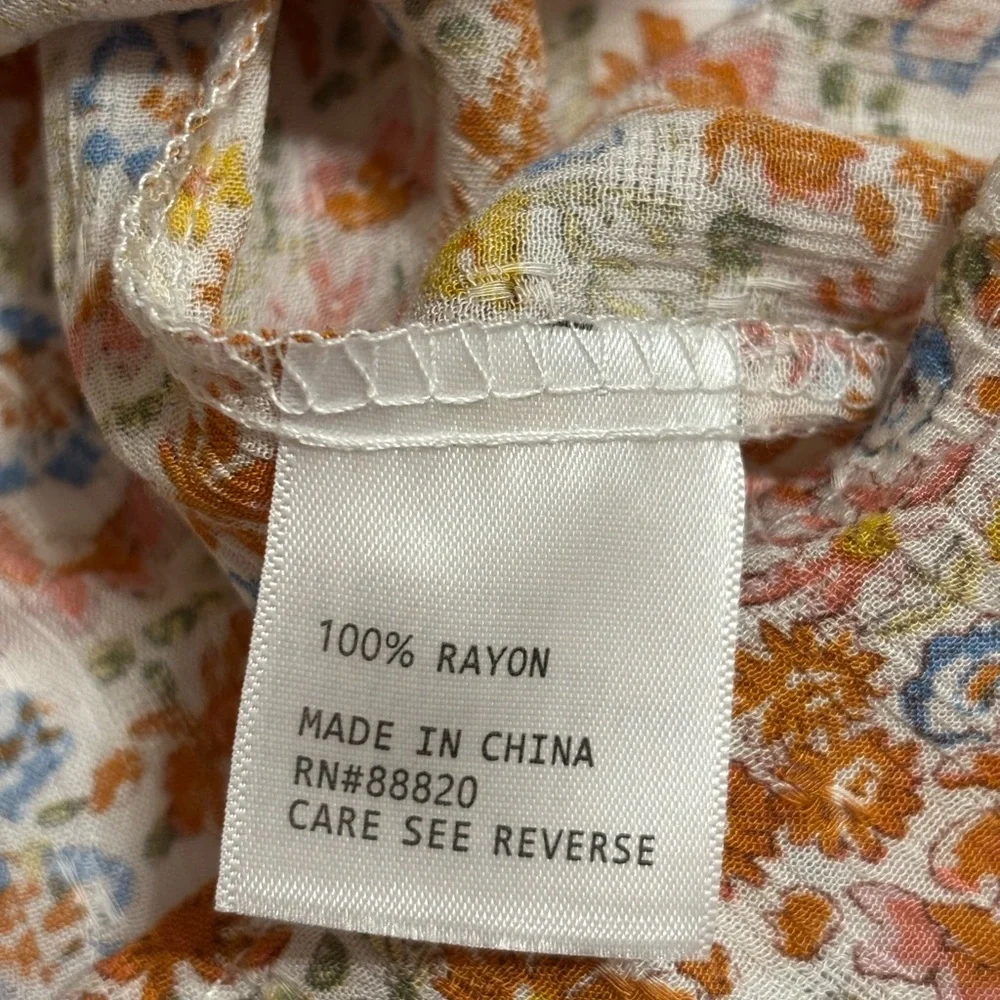 Cynthia Rowley Floral Boho Peasant Blouse Ruffle Neck Tie Front Size XL - Picture 3 of 8